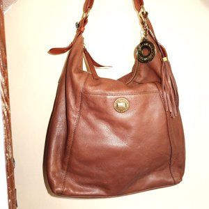 Isaac Mizrahi LeatherTan Hobo Bag With Gold Turnlock Pocket and Tassel Charm
